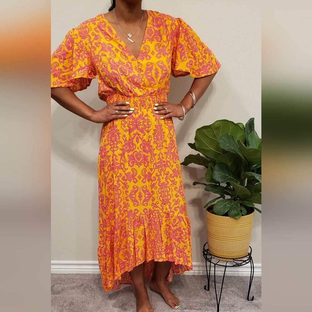 Abel the Label Anthropologie, pink/orange floral Hi-low maxi, Medium, flowy